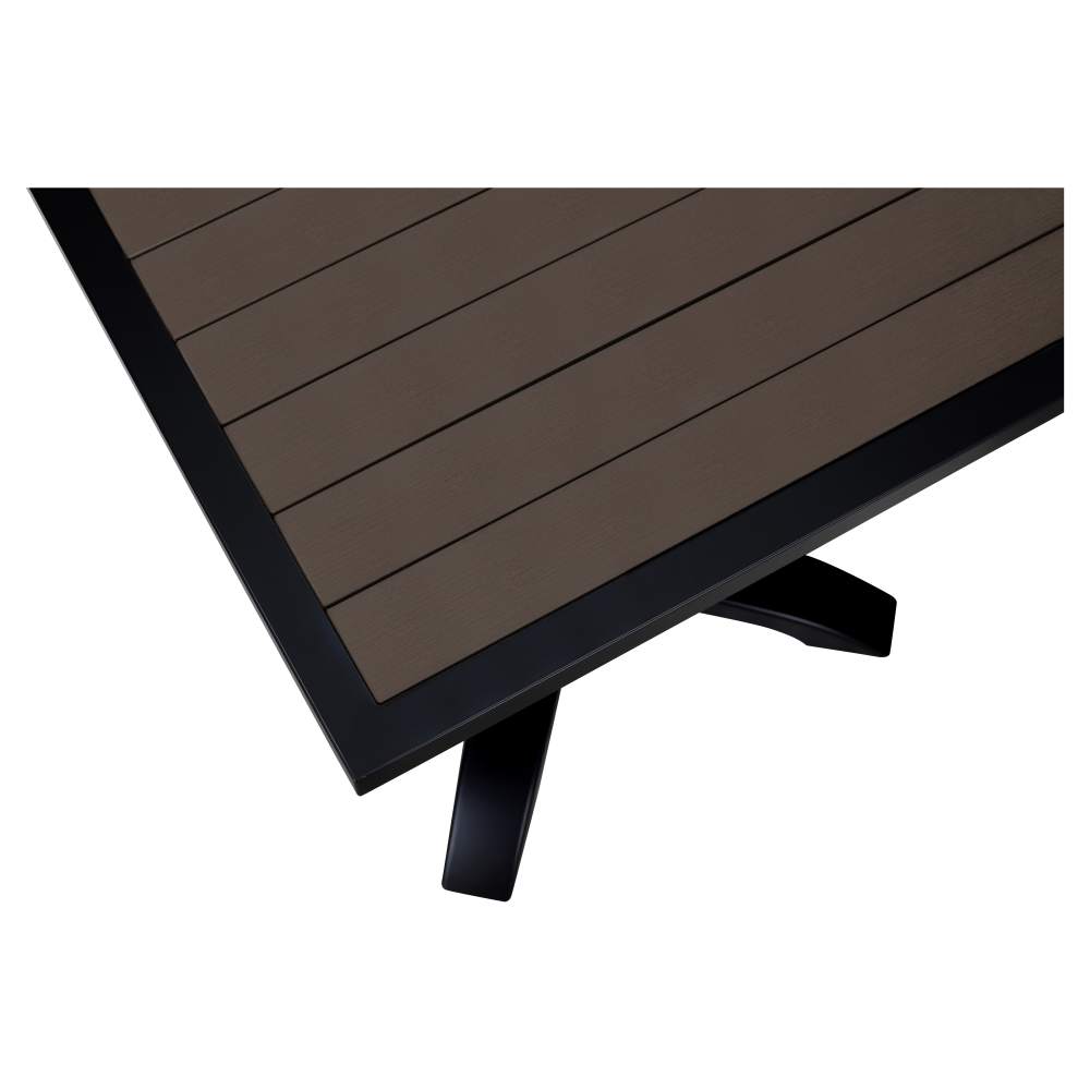 Black aluminum patio with dark walnut faux teak | Bar table