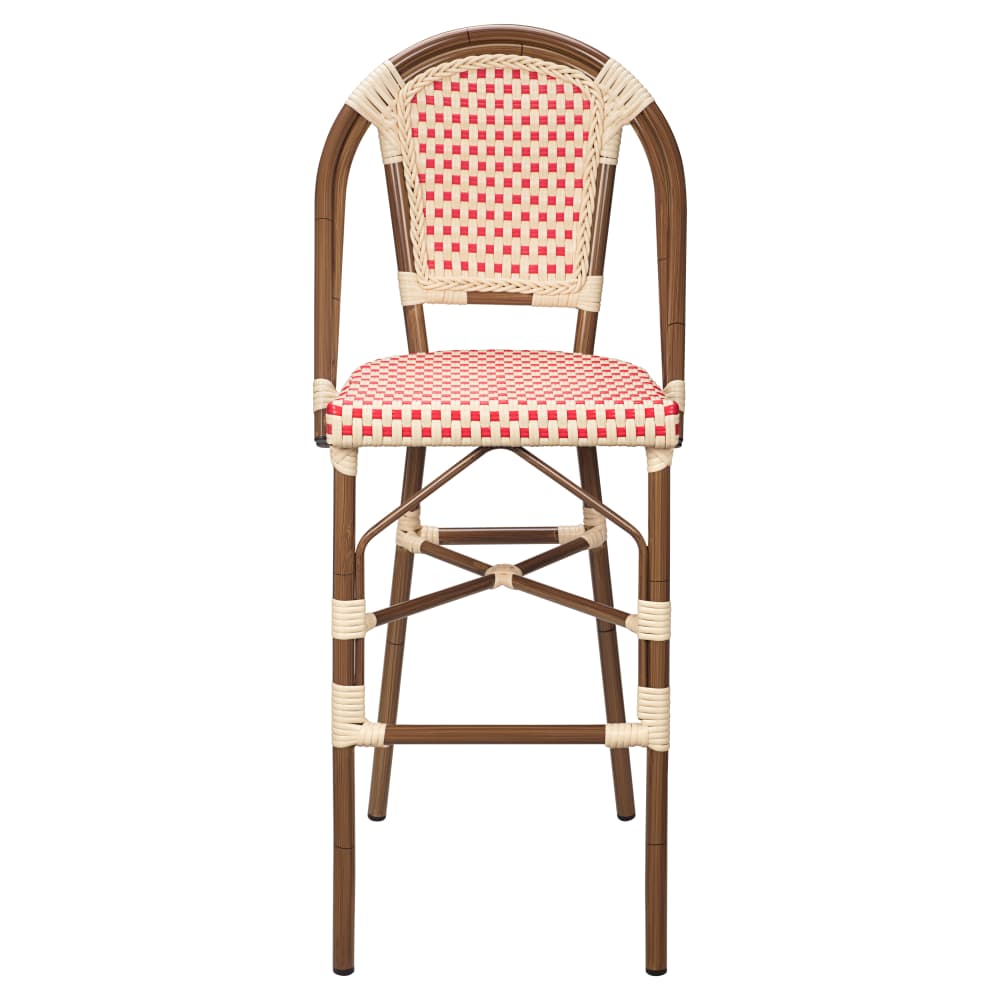 Aluminum bamboo patio with red and Cream rattan | Bar stool