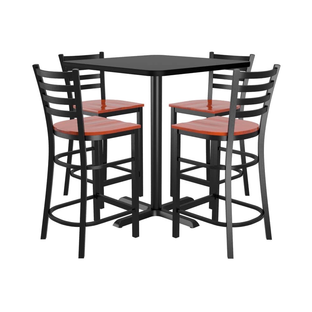 4 ladder-back metal bar stools and square reversible | Bar table