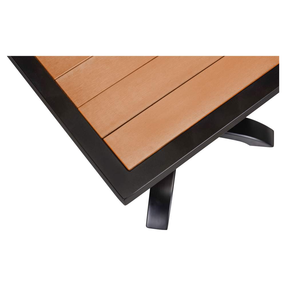 Black aluminum patio with natural faux teak | Bar table