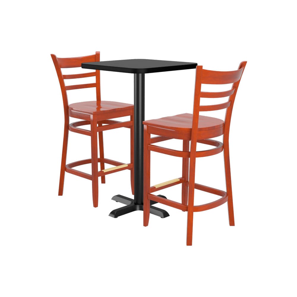2 ladder-back wood bar stools with a square reversible | Bar table