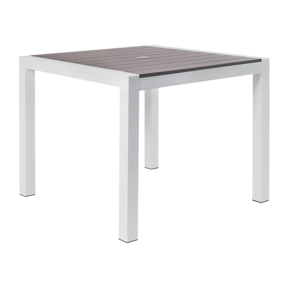 White aluminum patio with gray faux teak top | Dining table
