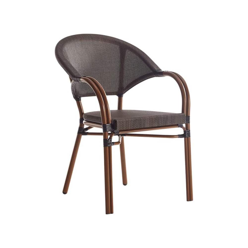 Metal Bamboo Patio Armchair with Dark Brown Rattan and Walnut Frame