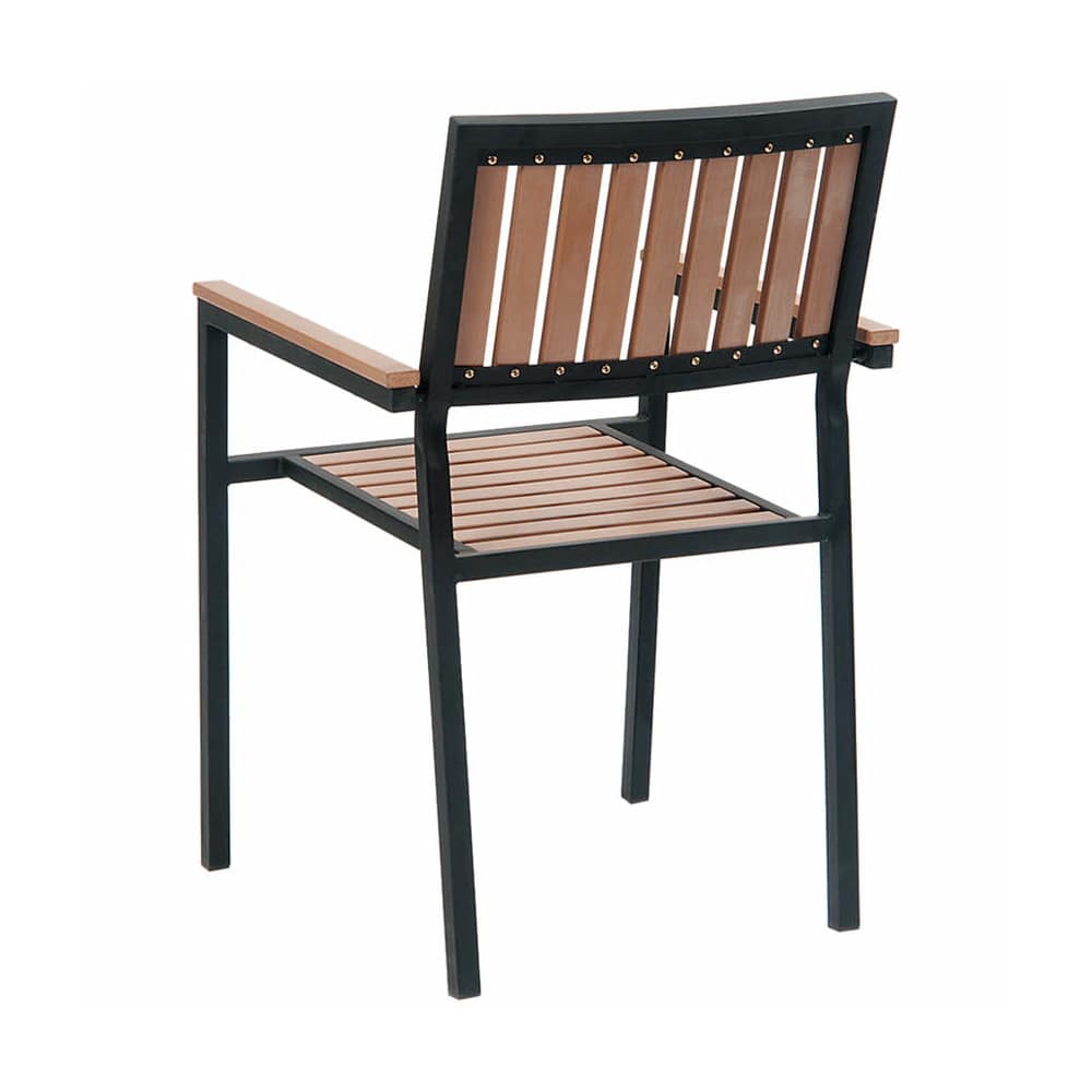 Black metal with natural finish vertical slat faux teak | Armchair