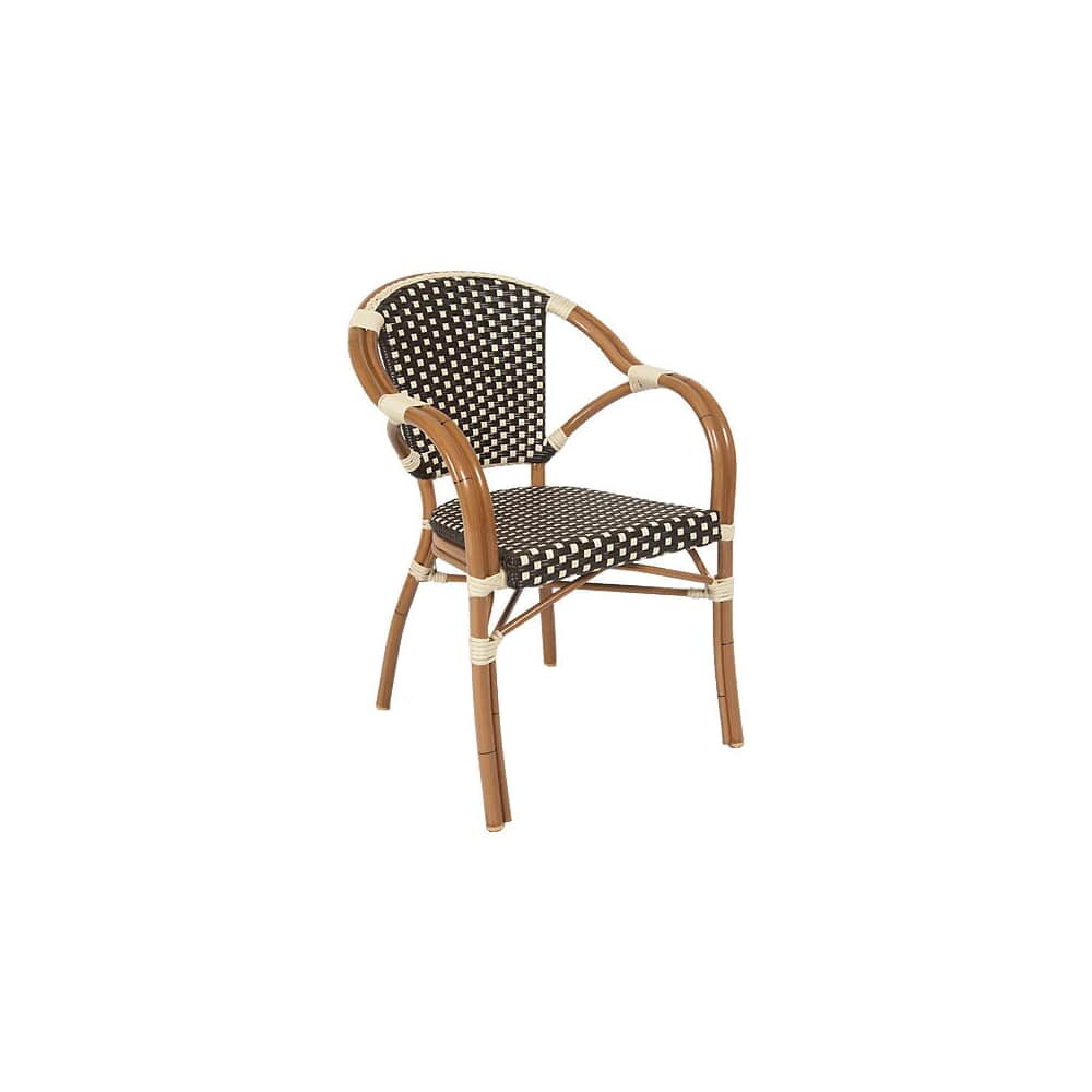 Aluminum Patio Armchair in Walnut Finish with Brown and White Faux Wicker