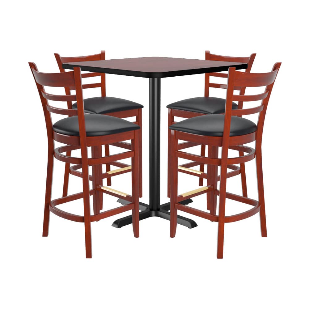 4 ladder-back wood bar stools with a square reversible table | Bar dining set